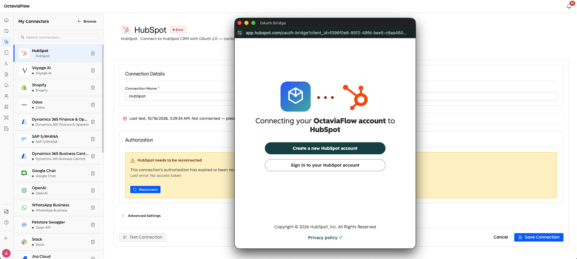 OAuth Connecting App | Octaviaflow