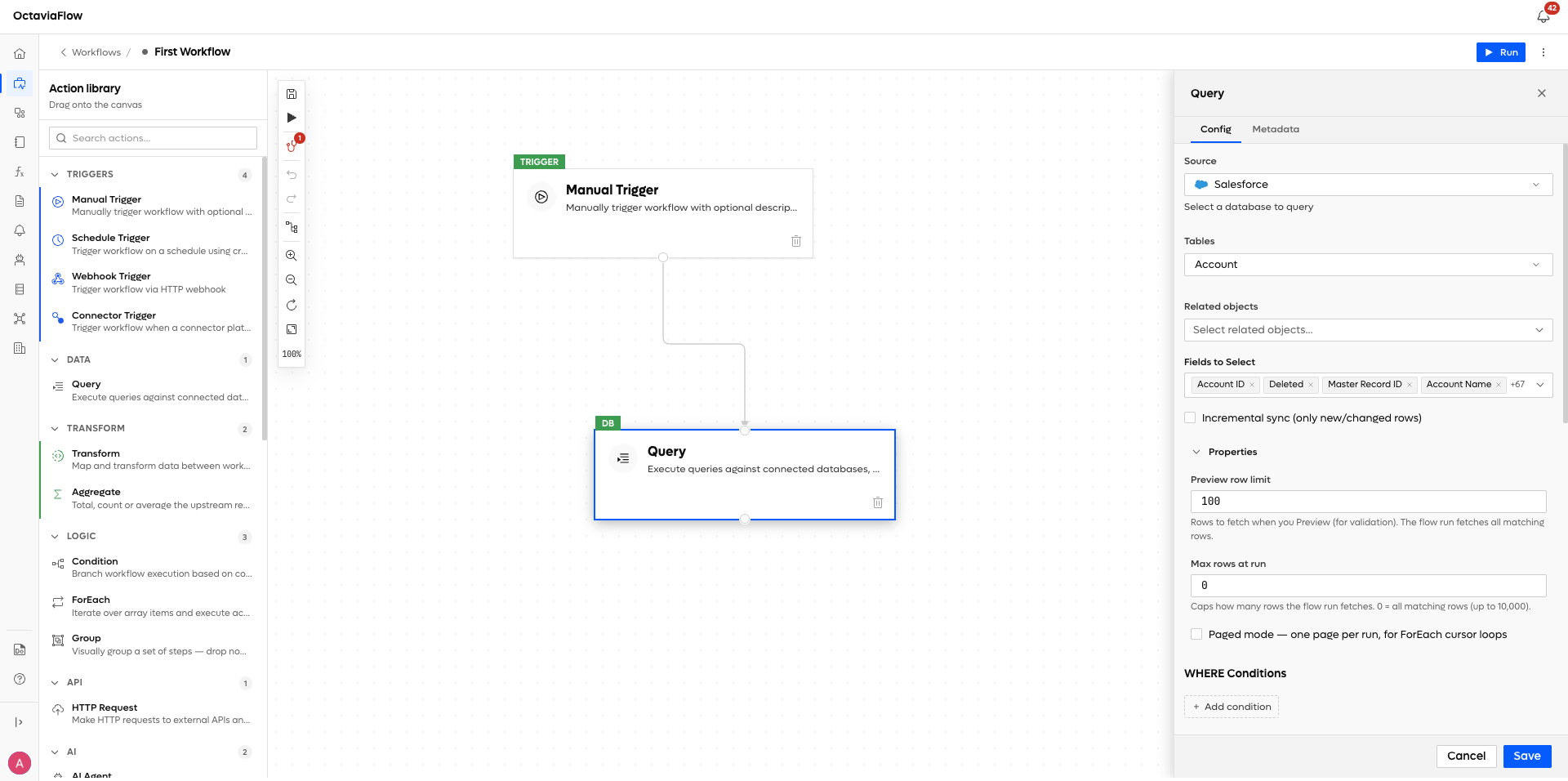 Query Action Config Panel | Octaviaflow